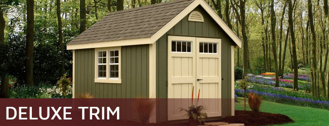 Engineered wood shed with deluxe trim