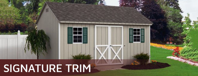 Engineered wood shed with signature trim