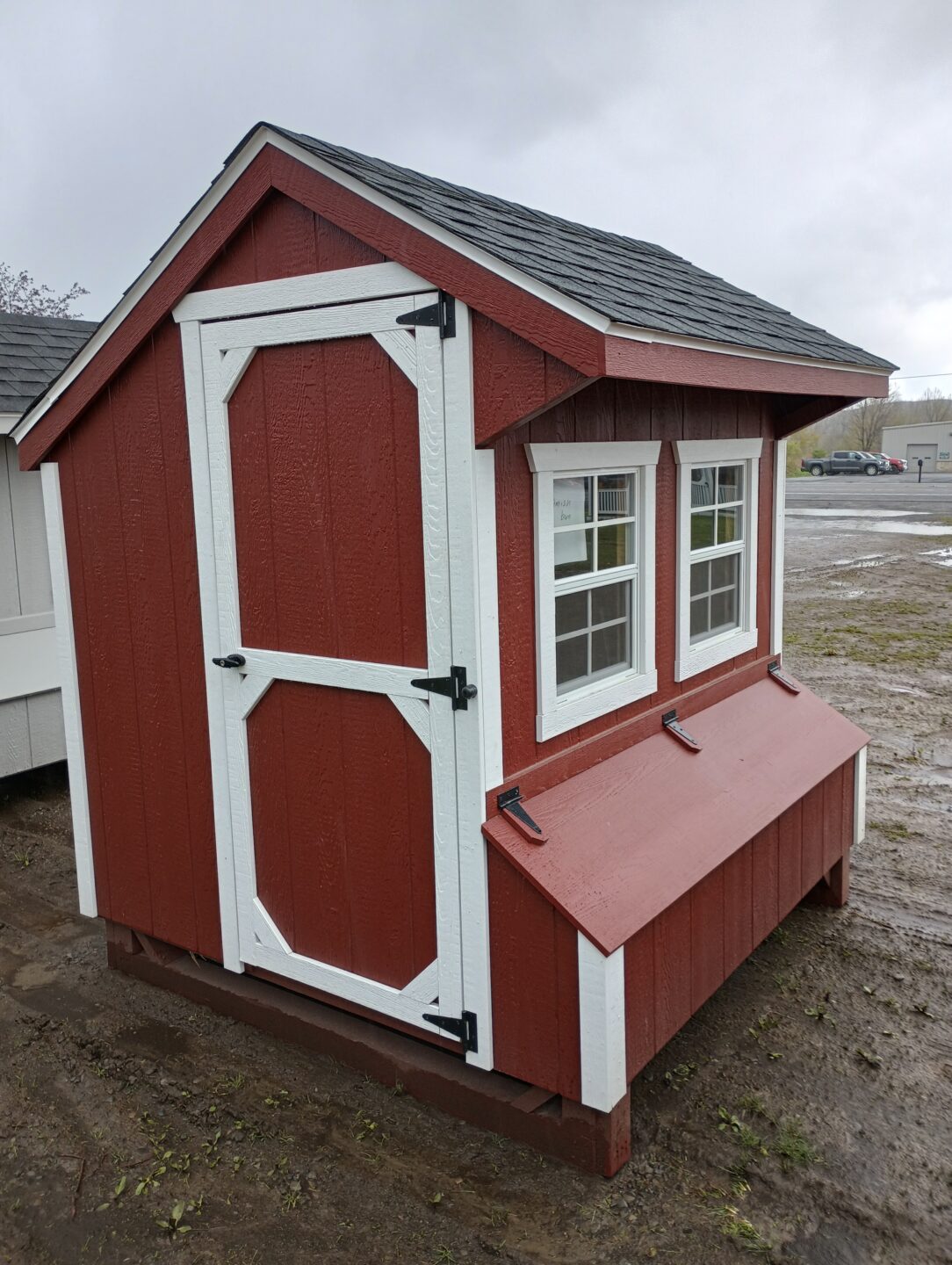 Red Chicken Coop with Two Windows