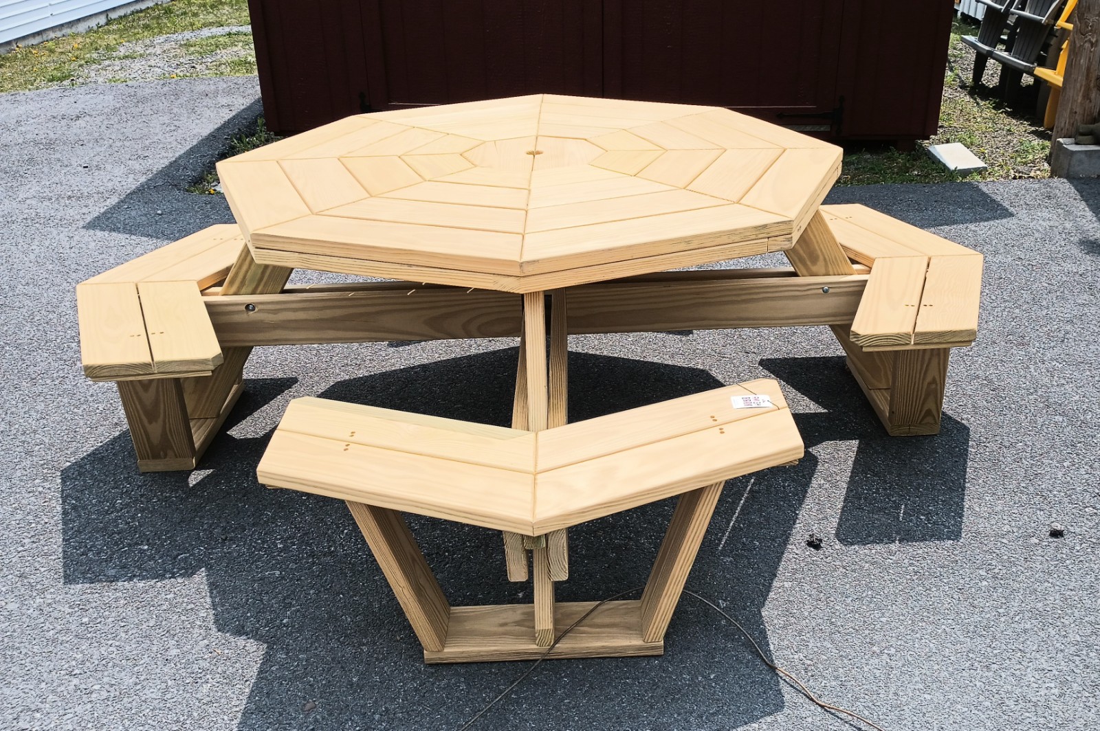 Octagonal Wooden Table with Attached Benches