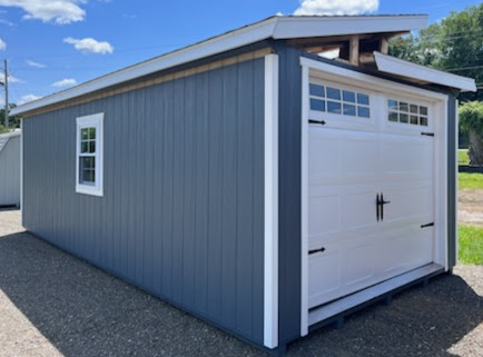 Dark Gray Shed with Garage Door and Hinged Roof
