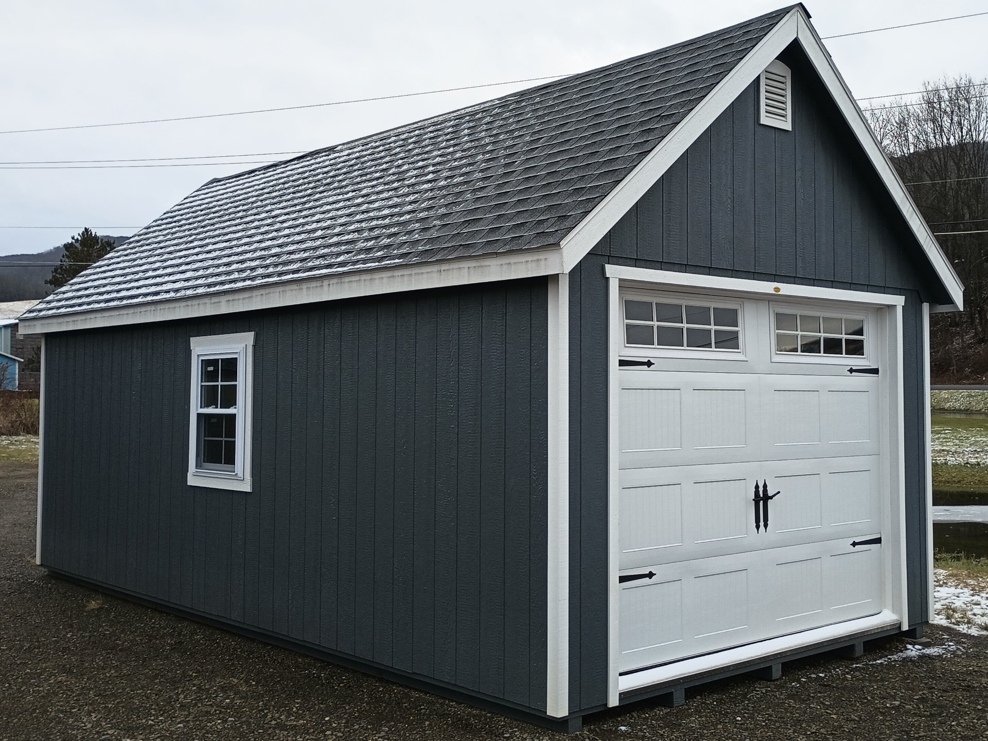 Dark Gray Shed with Garage Door and Hinged Roof