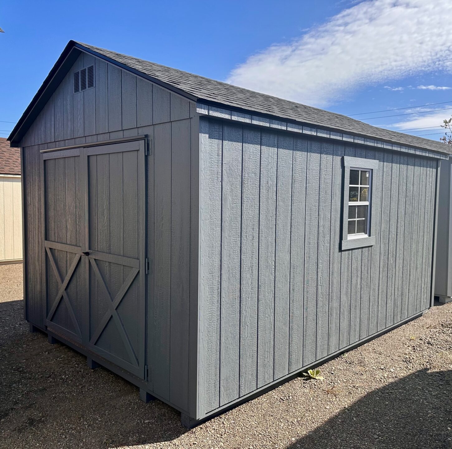 Dark Gray shed with double doors and 2 windows