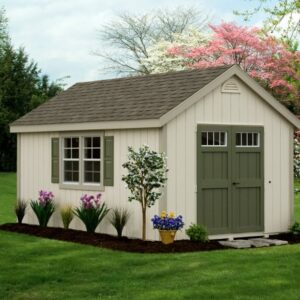 Custom Amish-Built Shed with double doors, windows, and surrounding landscape