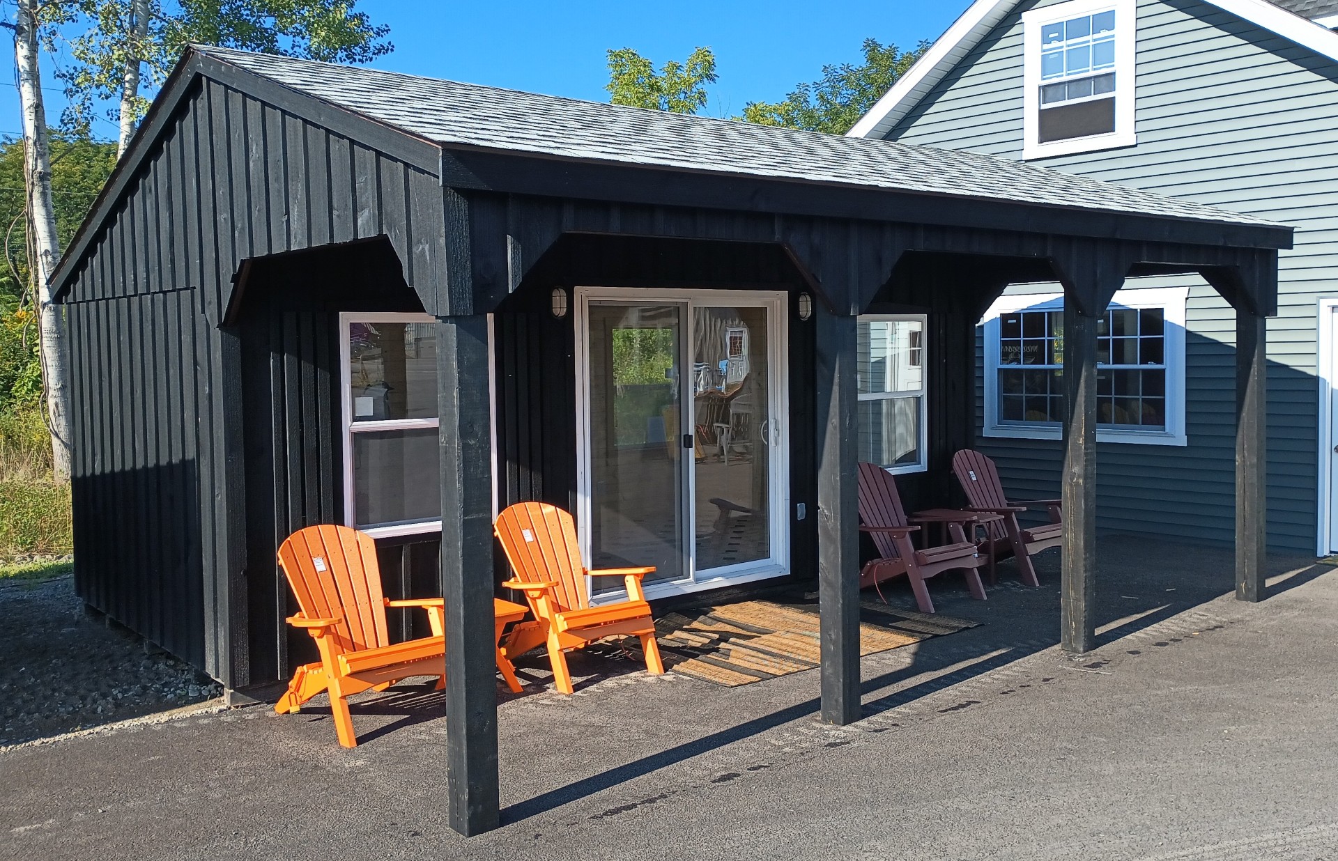 Black board & batten one slant with two back windows, double glass door and single glass door