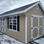 Amish-built shed during the cold winter months surrounded by snow