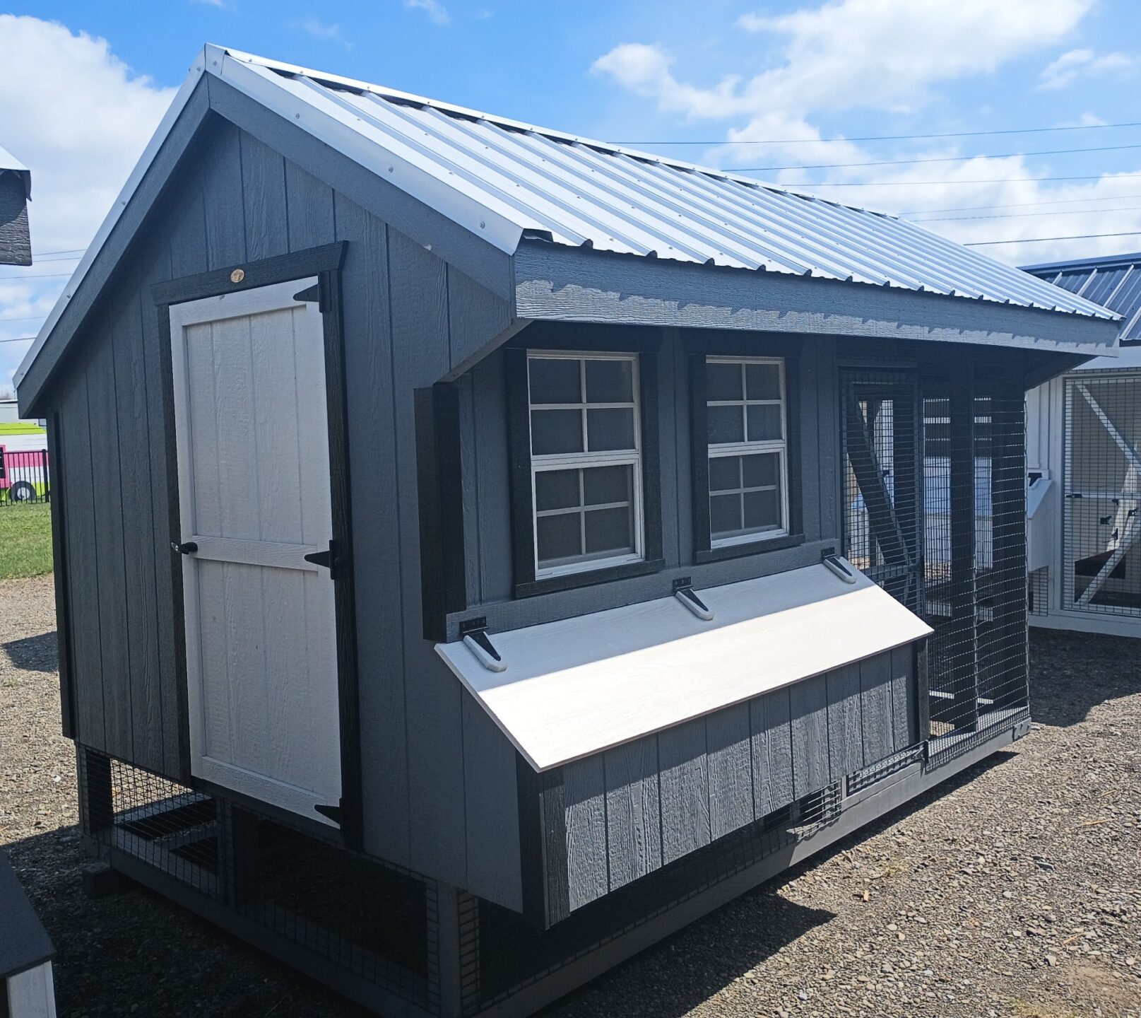 Dark gray quaker combination coop with run area and coop area