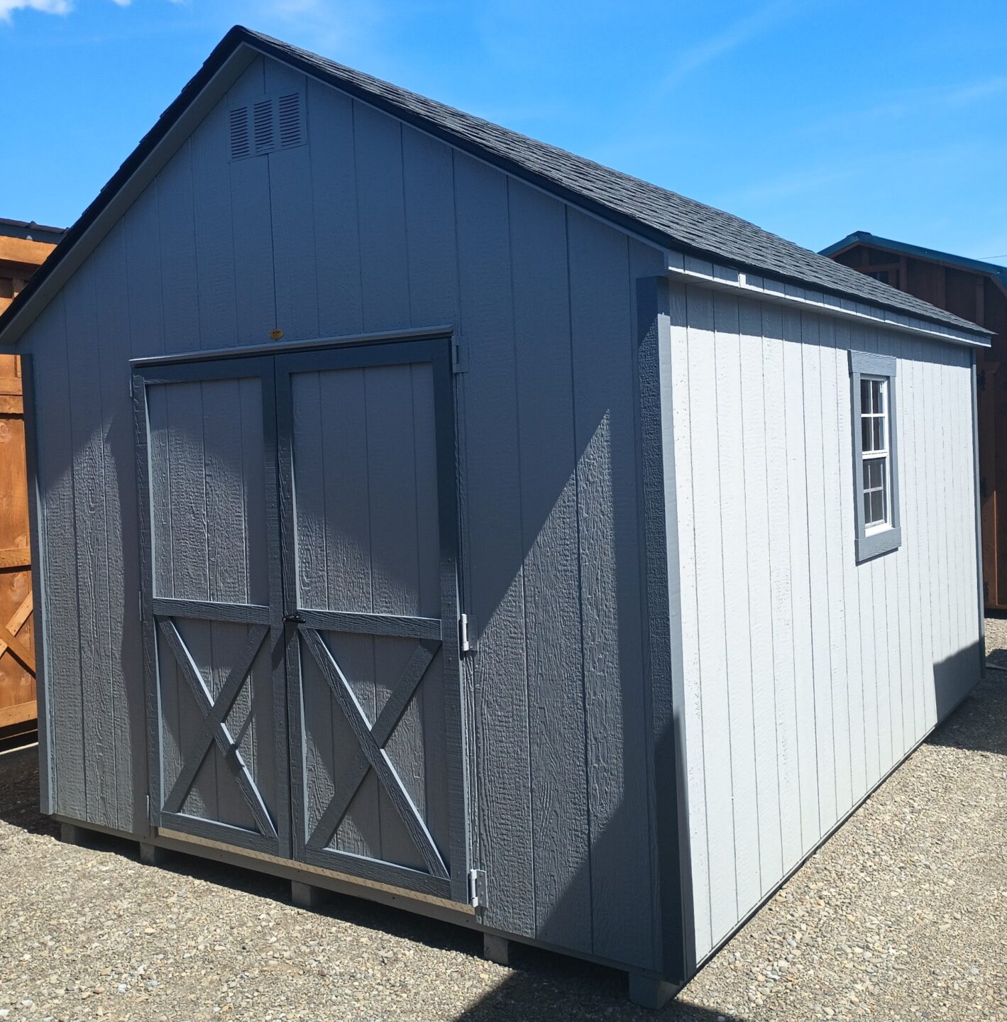 Gray Shed with Dark Gray Trim, Double Doors, Two Windows, Architectural Shingles