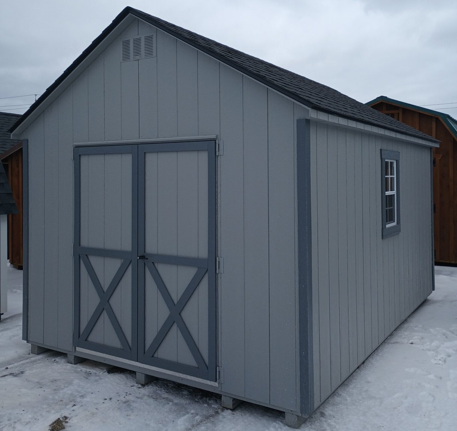 Gray Shed with Dark Gray Trim, Double Doors, Two Windows, Architectural Shingles