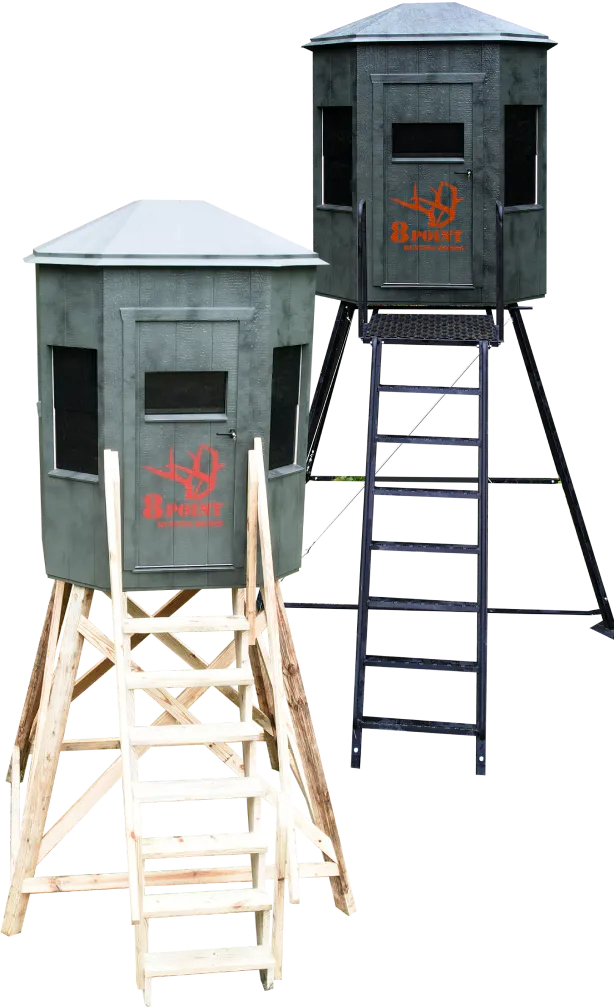 Two hunting blinds on stands, one metal and one pressure treated wood