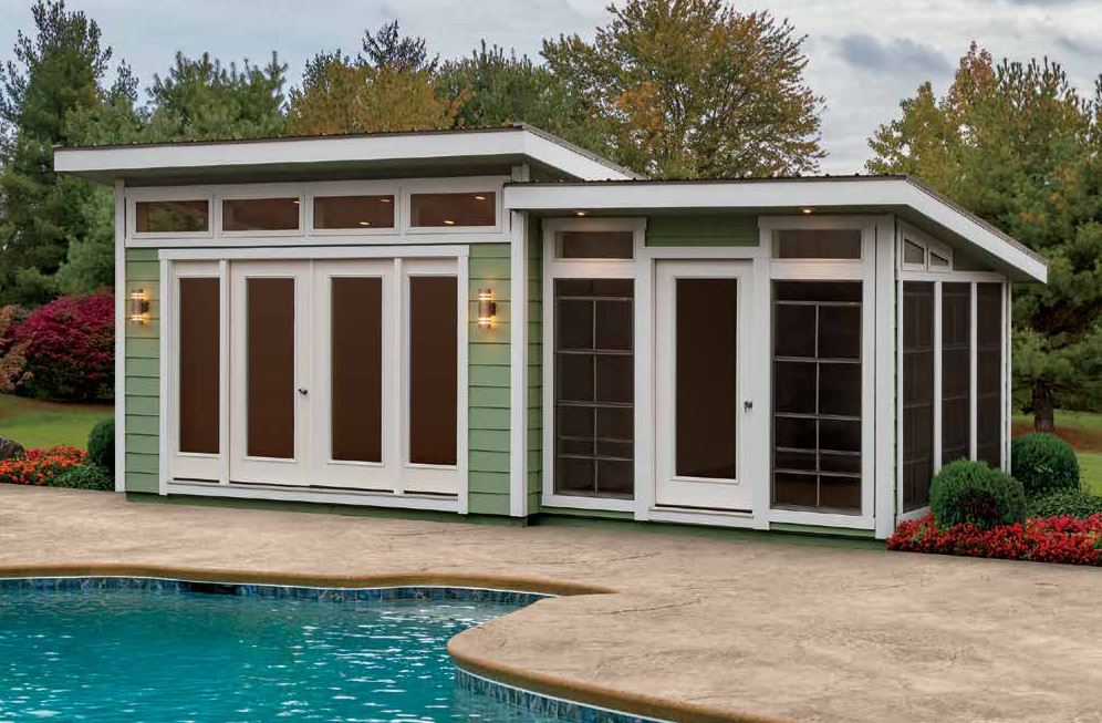 Green vinyl pool house with French doors and lots of large windows for ample natural sunlight