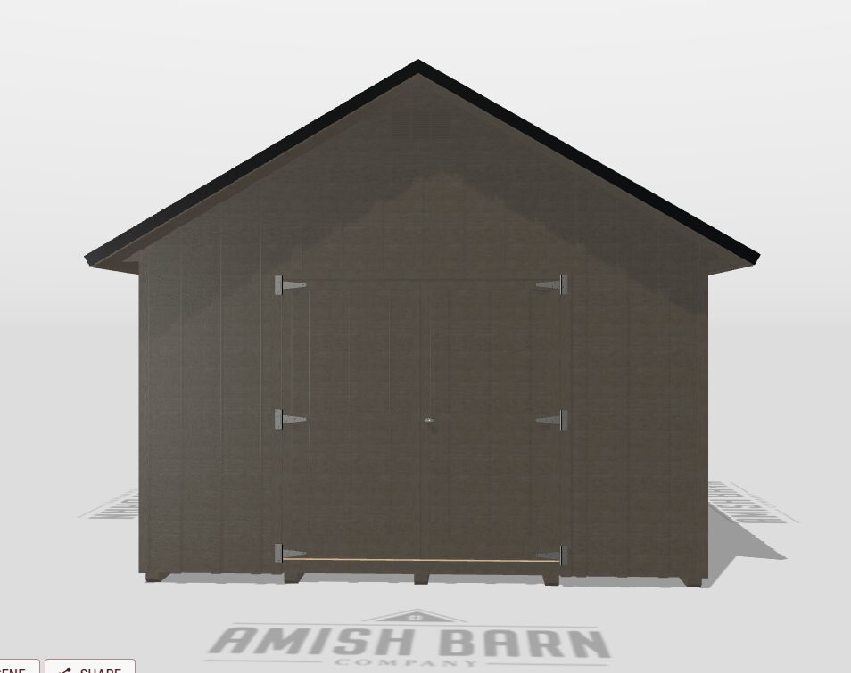 12x20 Manor Tongue and Groove vertical pine-stained black  black metal roof with plywood (3) wood framed picture windows (1) 6'x7' Double door (1) 6' Double door shelving along back wall