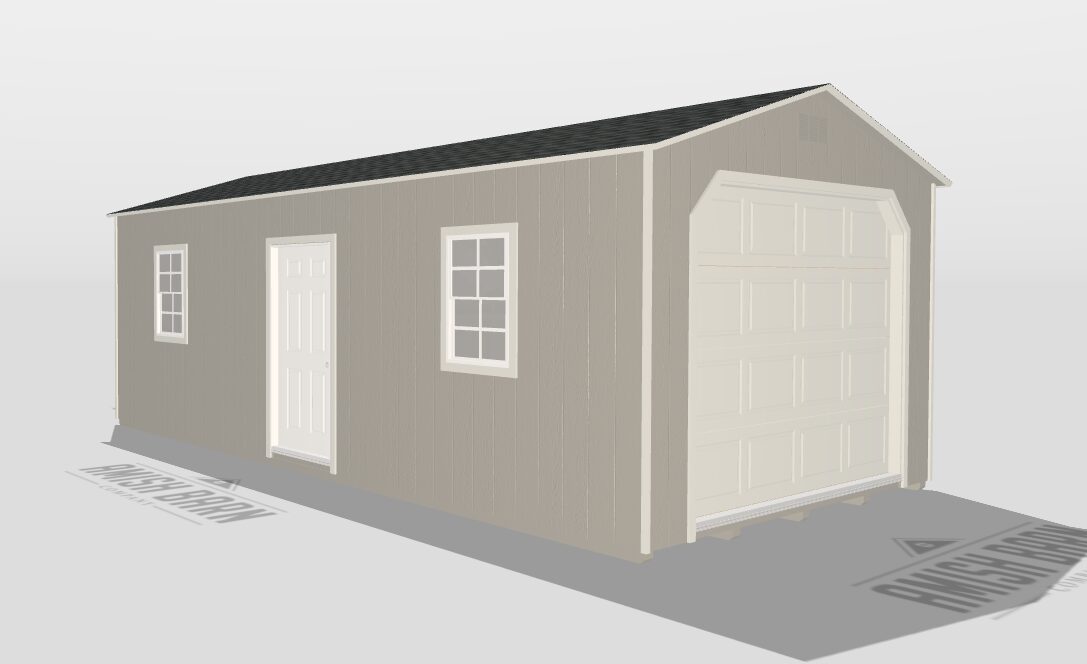 A Frame garage with overhead door (2) side windows and (1) single door