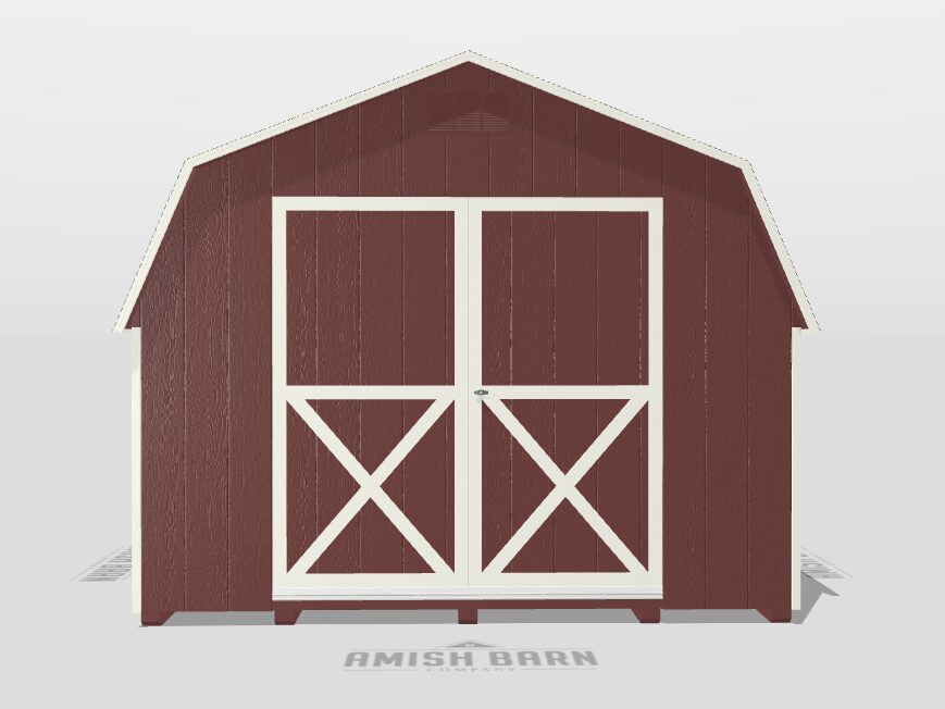 10x10 4' wall barn LP Smart panel siding painted red white composite trim charcoal architectural shingles (1) 5' double door (1) White window with screen