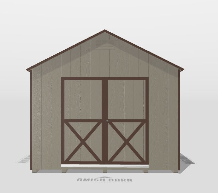 10x10 A Frame LP Smart panel siding painted clay brown trim and hickory architectural shingles5' double door (2) white windows with screens