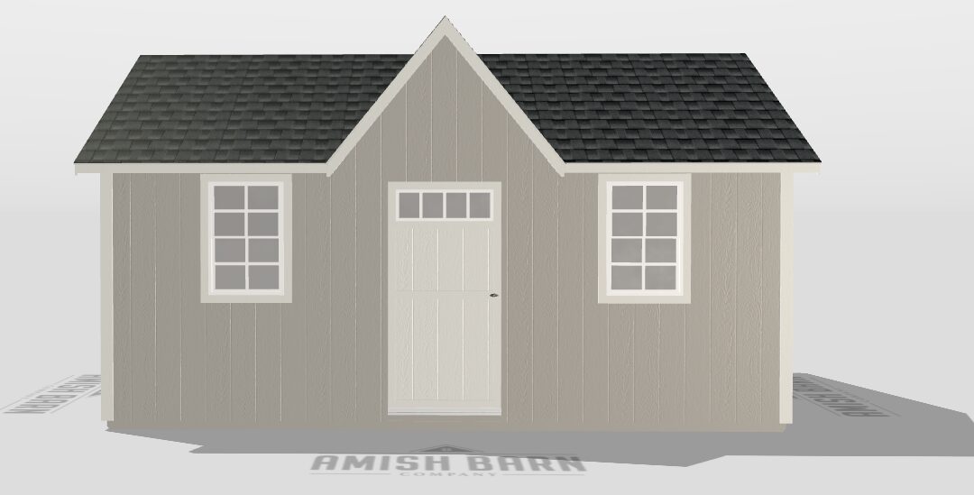 10x18 Kingston LP Smart Panel Siding painted light grey white composite trim 6' Double door with transom windows 3' single door with transom windows (2) white windows with screens