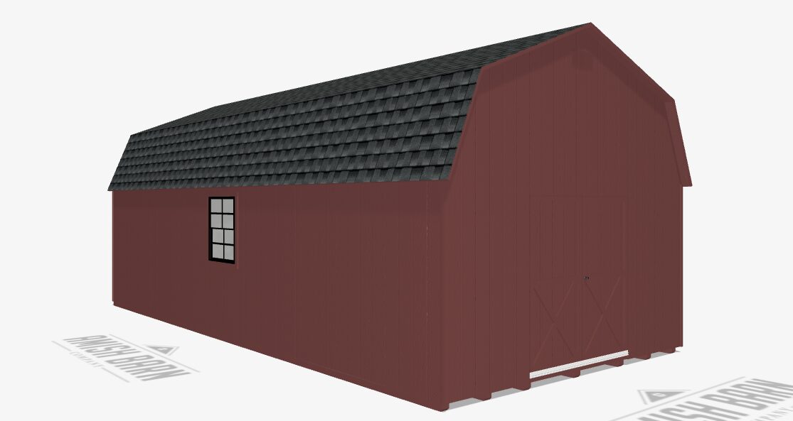 14x28 Dutch barn LP smart panel siding painted Sundried tomato sundried tomato trim charcoal architectural shingles (1) 8'x7' double door (2) black 36