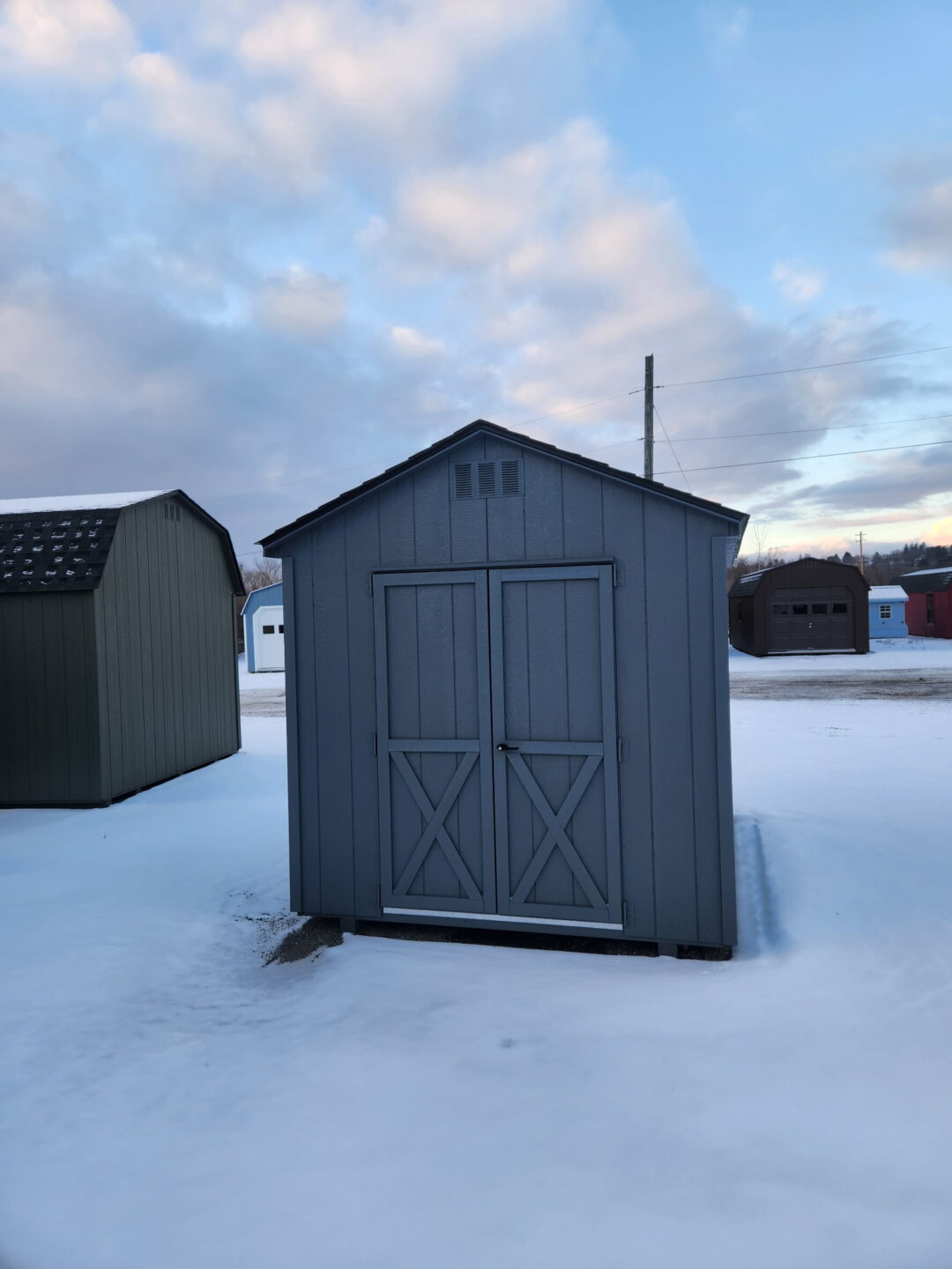 8x10 A Frame LP smart panel siding painted Dark Gray light gray trim Charcoal architectural shingles (1) Double door (2) white windows with screens