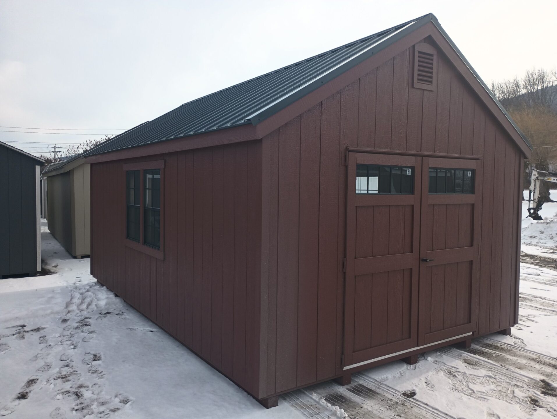 12x18 Garden LP Smart panel Siding painted red red composite trim black metal roof (1) Double door with transom windows and (4) 24
