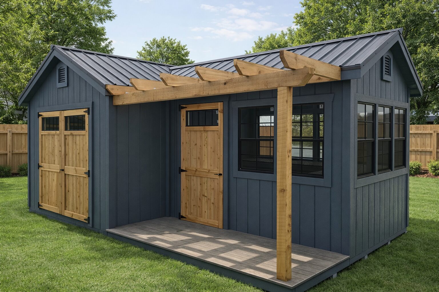 Half shed and half greenhouse with a cedar pergola and porch on greenhouse shed side